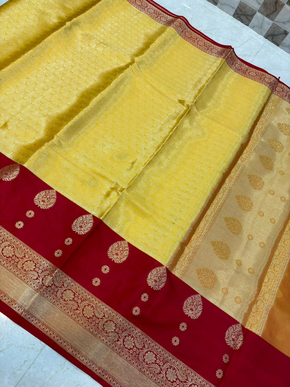 Royal Mustard Yellow & Ruby Red Banarasi Katan Silk Saree with Rich Gold Zari Weaving