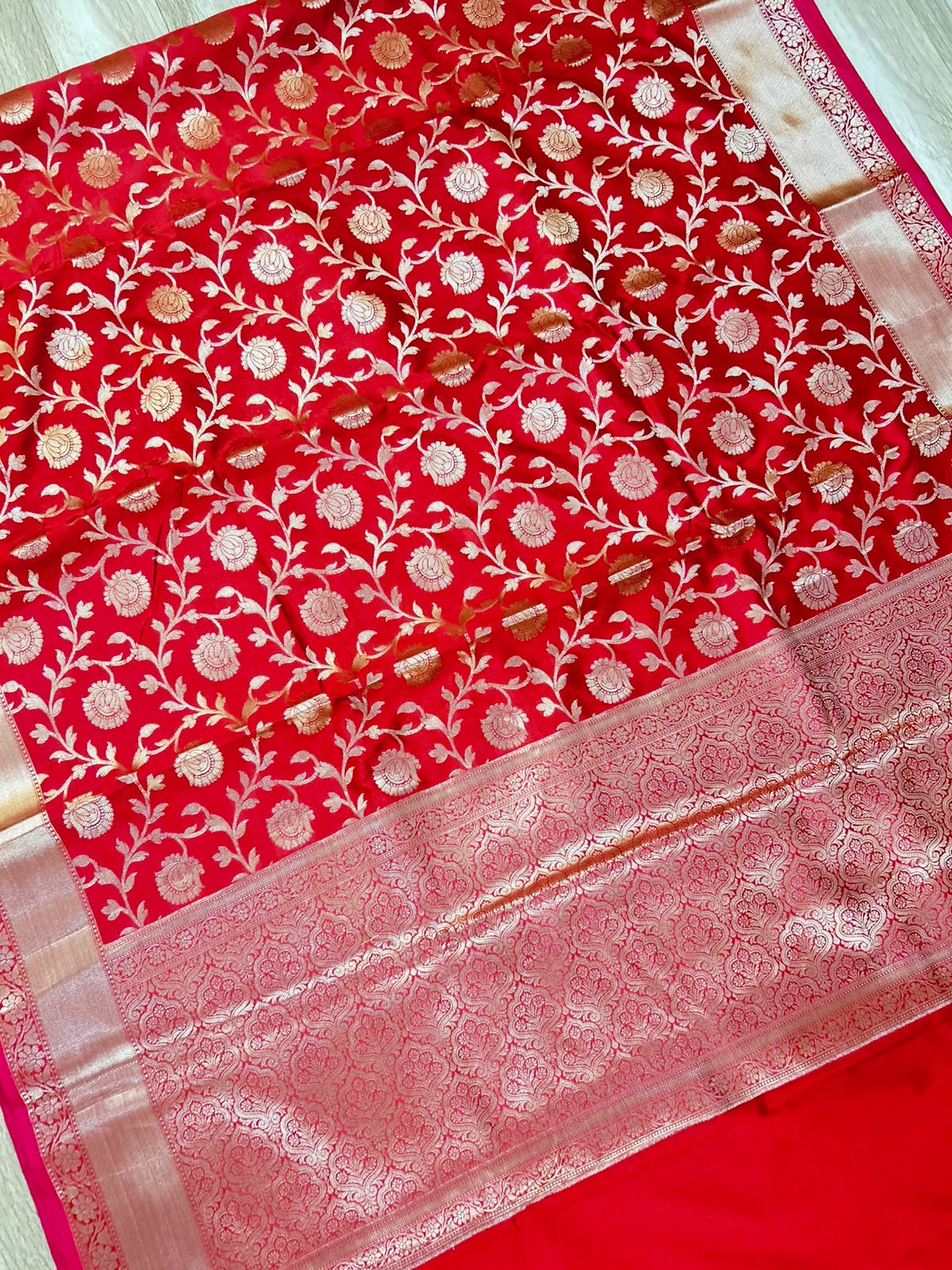Royal Red Banarasi Katan Semi Silk Saree with Rich Golden Zari Floral Jaal Weaving