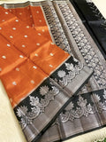 Orange & Black Banarasi Semi Silk Saree with Rich Floral Zari Border