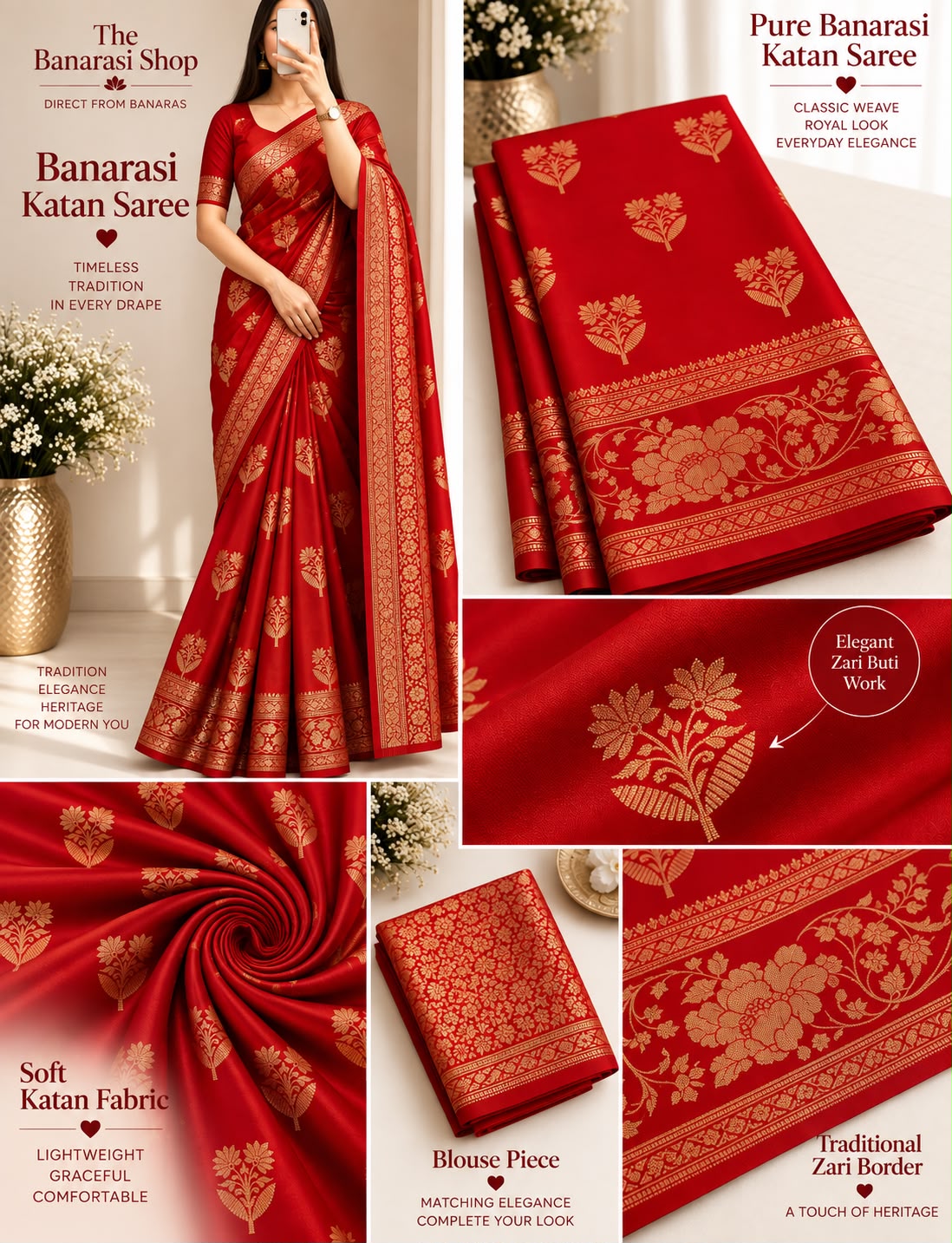 Elegant Red Banarasi Katan Saree with Rich Zari Border