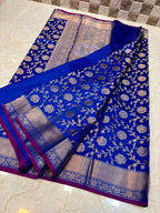 Royal Blue Banarasi Katan Semi Silk Saree with Rich Silver Zari Floral Jaal Weaving