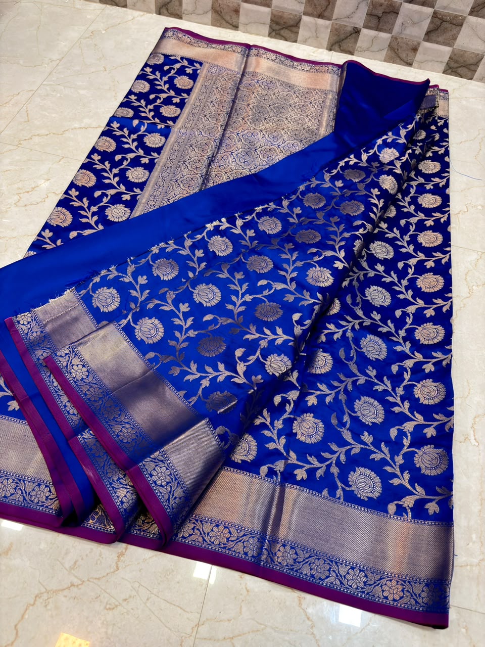 Royal Blue Banarasi Katan Semi Silk Saree with Rich Silver Zari Floral Jaal Weaving