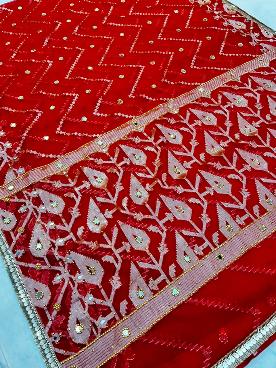 Elegant Red Banarasi Semi Silk Saree with All-Over Mirror Work & Premium Lace Border