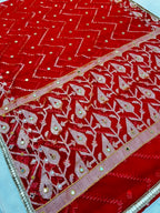 Elegant Red Banarasi Semi Silk Saree with All-Over Mirror Work & Premium Lace Border