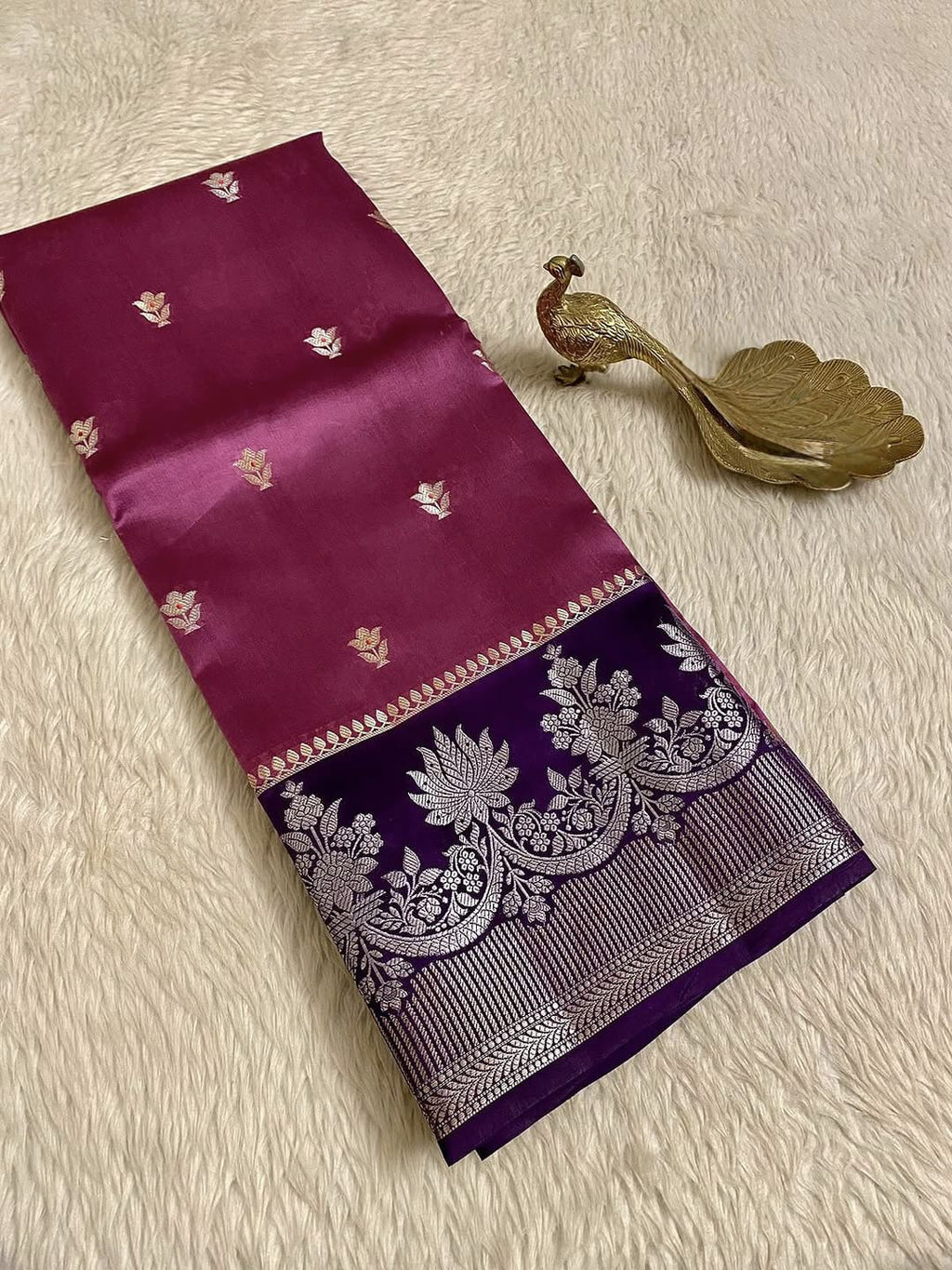 Royal Wine Banarasi Semi Silk Saree with Rich Floral Zari Border