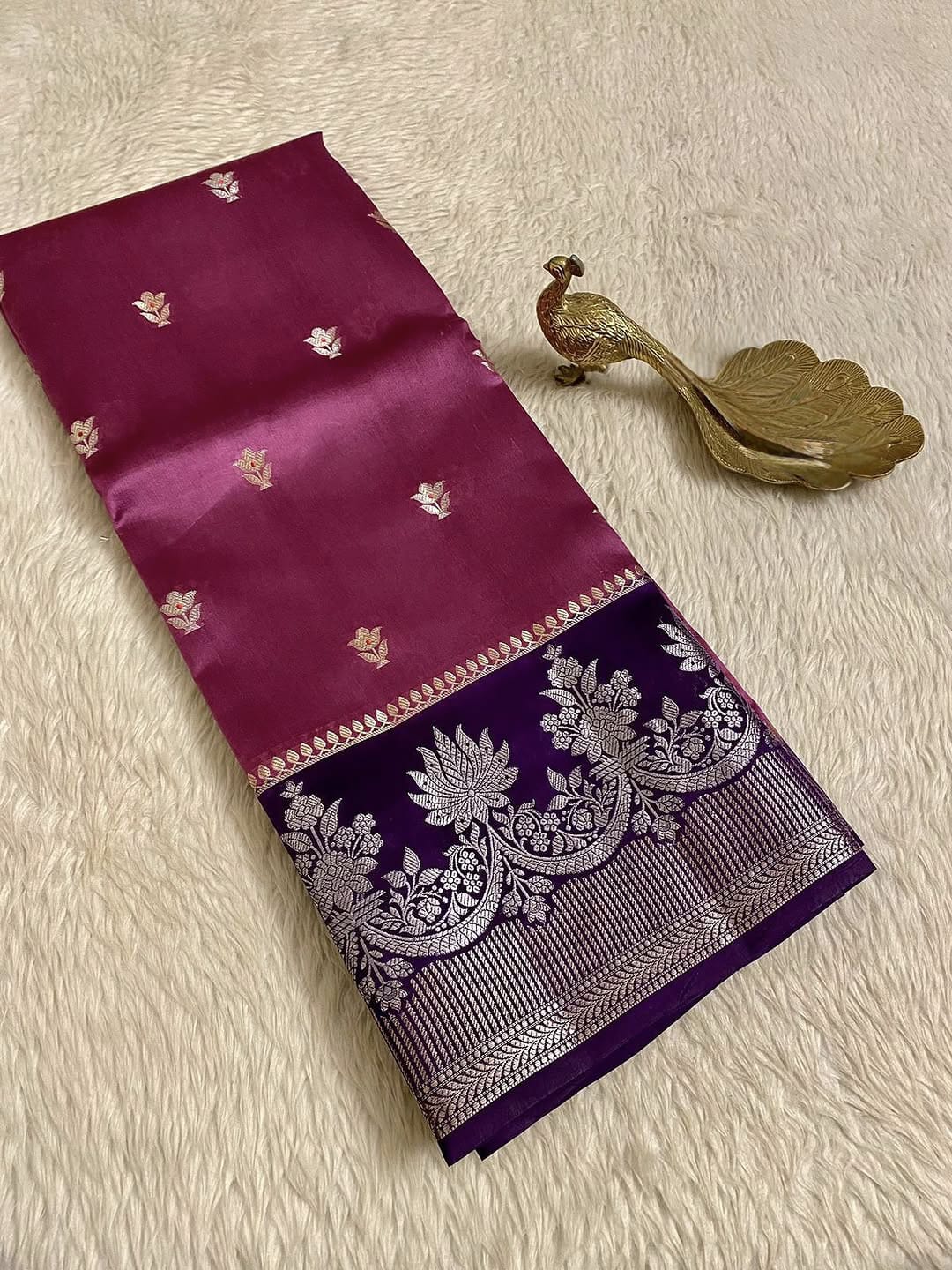 Royal Wine Banarasi Semi Silk Saree with Rich Floral Zari Border
