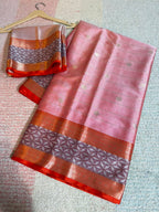 Elegant Peach Banarasi Katan Silk Saree with Copper-Golden Zari & Geometric Border