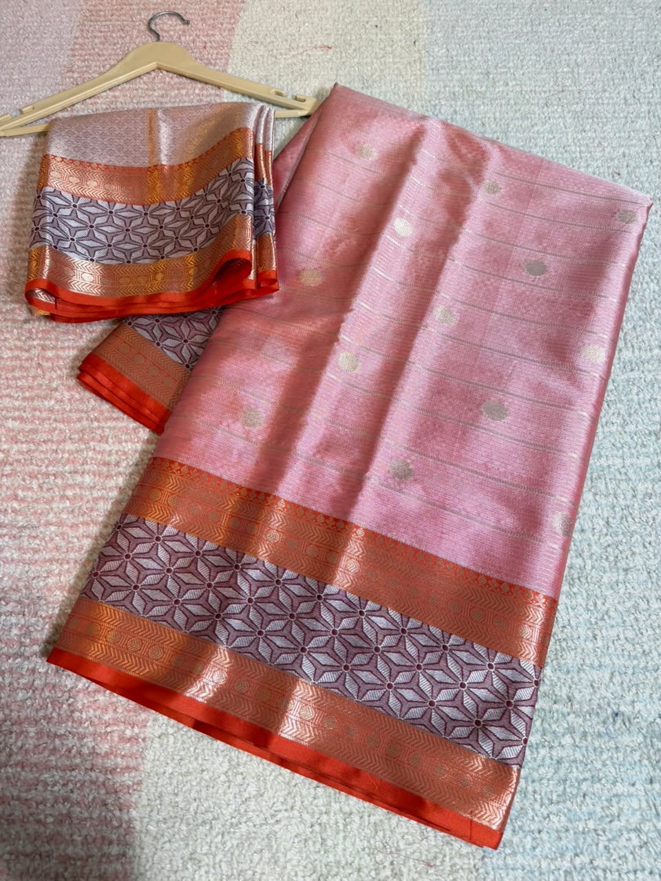 Elegant Peach Banarasi Katan Silk Saree with Copper-Golden Zari & Geometric Border