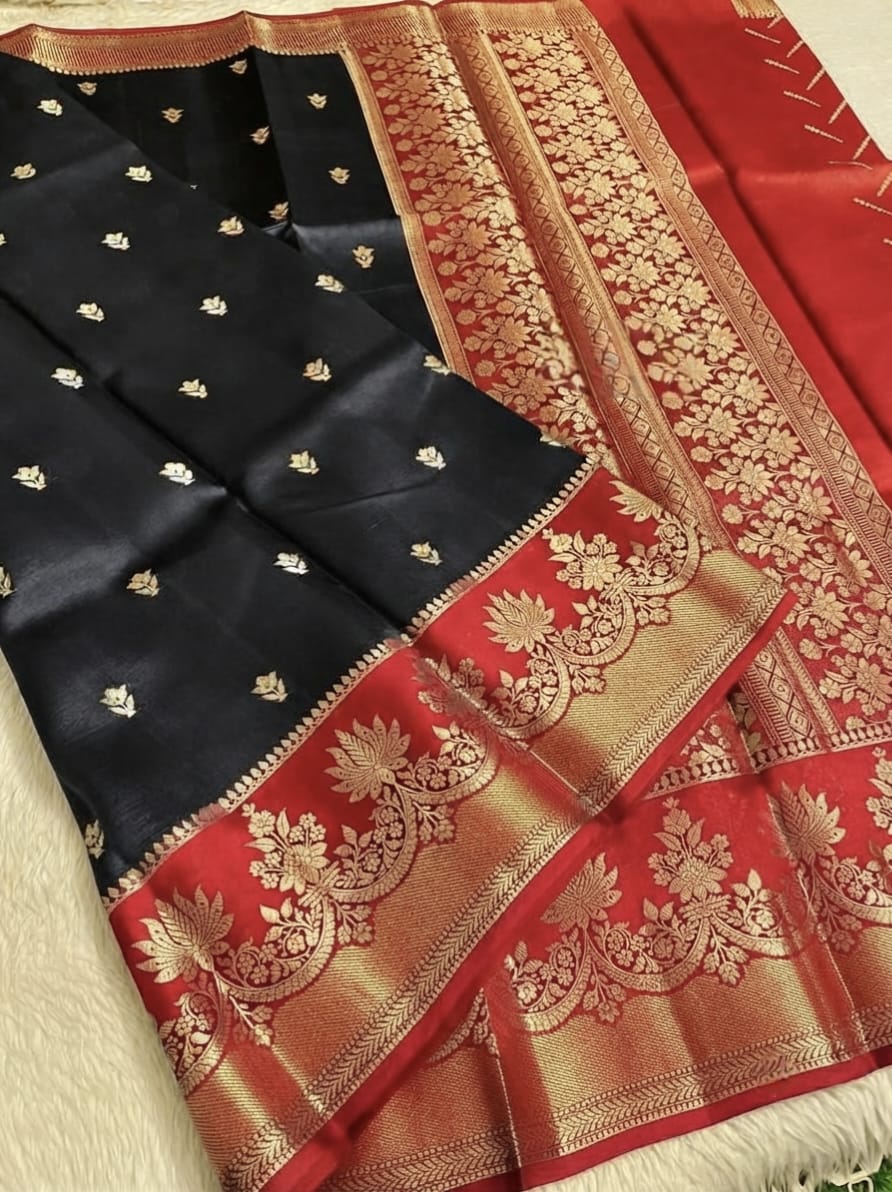 Black & Red Banarasi Semi Silk Saree with Rich Floral Zari Border