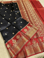 Black & Red Banarasi Semi Silk Saree with Rich Floral Zari Border