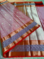 Elegant Peach Banarasi Katan Silk Saree with Copper-Golden Zari & Geometric Border