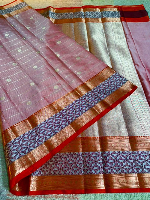 Elegant Peach Banarasi Katan Silk Saree with Copper-Golden Zari & Geometric Border