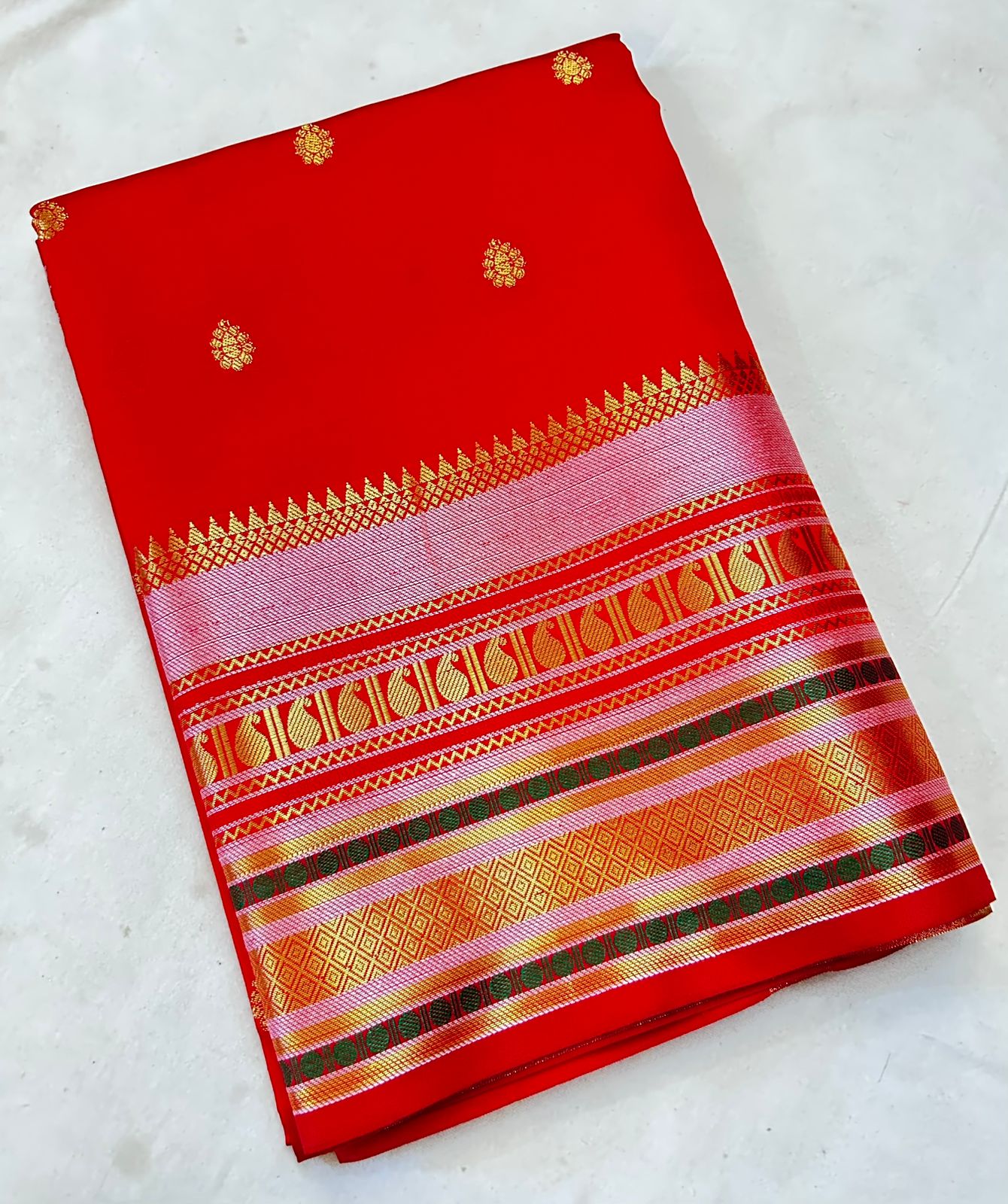 Classic Vermilion Red Banarasi Katan Silk Saree with Rich Zari Buti & Golden Pallu