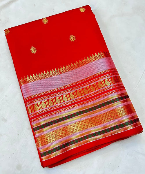 Classic Vermilion Red Banarasi Katan Silk Saree with Rich Zari Buti & Golden Pallu