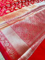 Royal Red Banarasi Katan Semi Silk Saree with Rich Golden Zari Floral Jaal Weaving