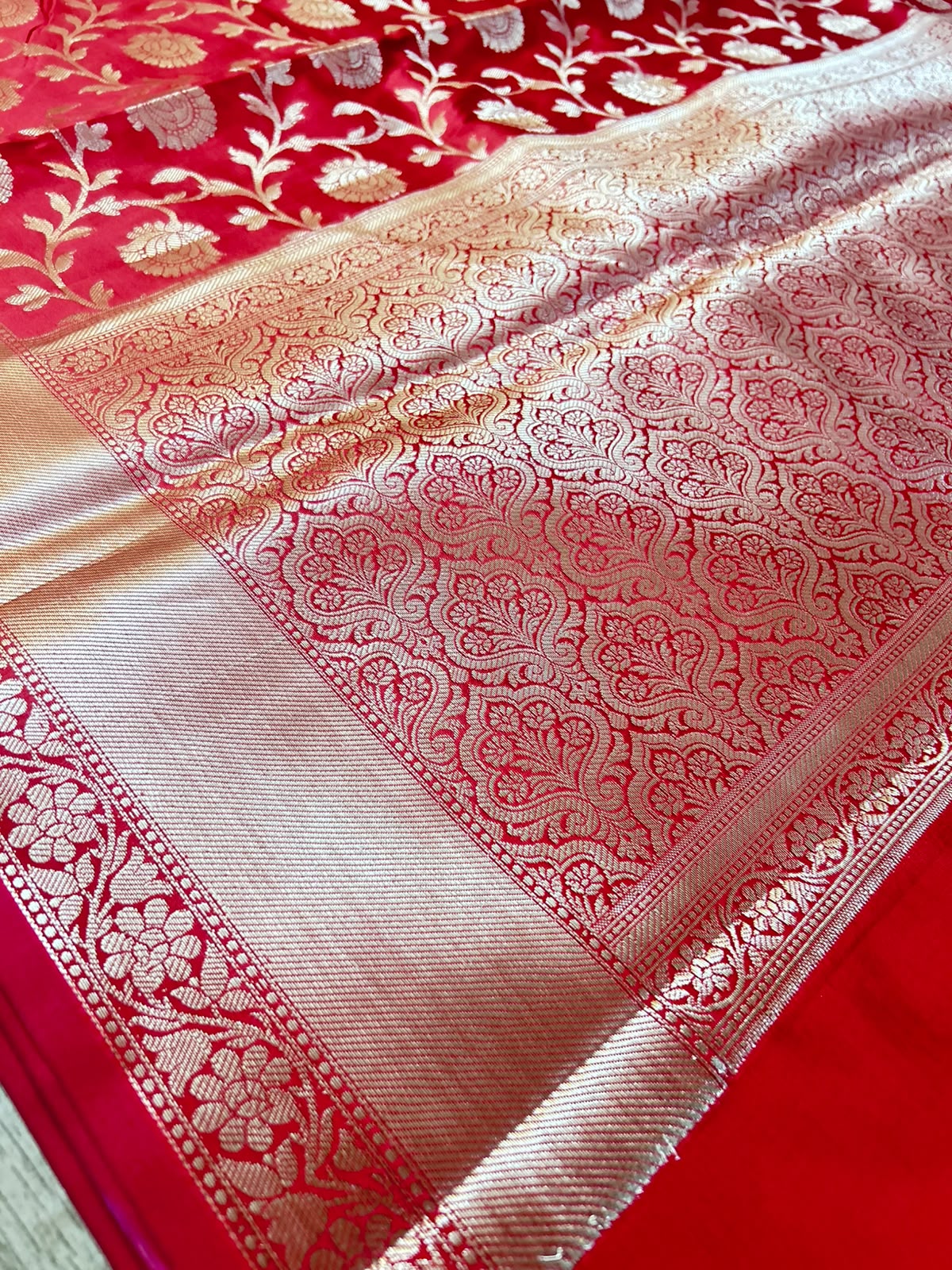 Royal Red Banarasi Katan Semi Silk Saree with Rich Golden Zari Floral Jaal Weaving