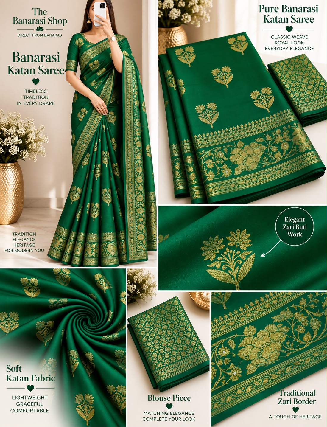 Elegant Emerald Green Banarasi Katan Saree with Rich Zari Border