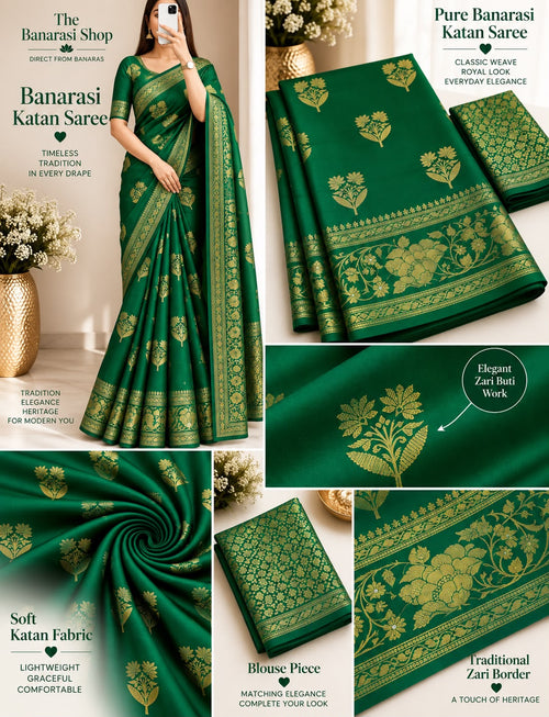 Elegant Emerald Green Banarasi Katan Saree with Rich Zari Border