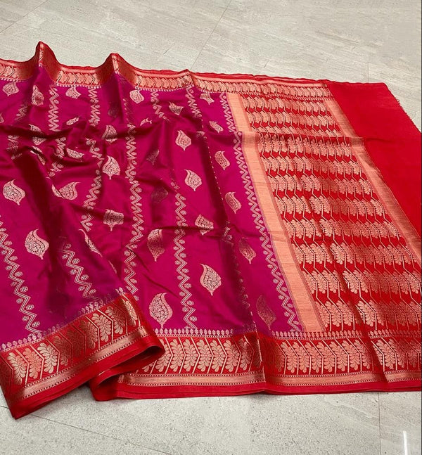 Elegant Magenta & Red Banarasi Semi Katan Silk Saree | Traditional Woven Party Wear Saree
