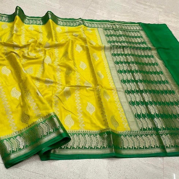 Elegant Yellow & Bottle Green Banarasi Katan Semi Silk Saree | Traditional Woven Party Wear Saree