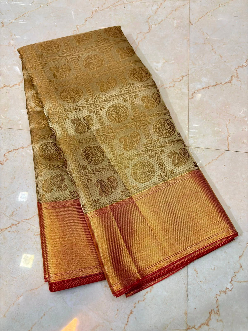 Royal Gold Banarasi Katan Tissue Saree with Copper Zari Border & Rich Woven Pallu