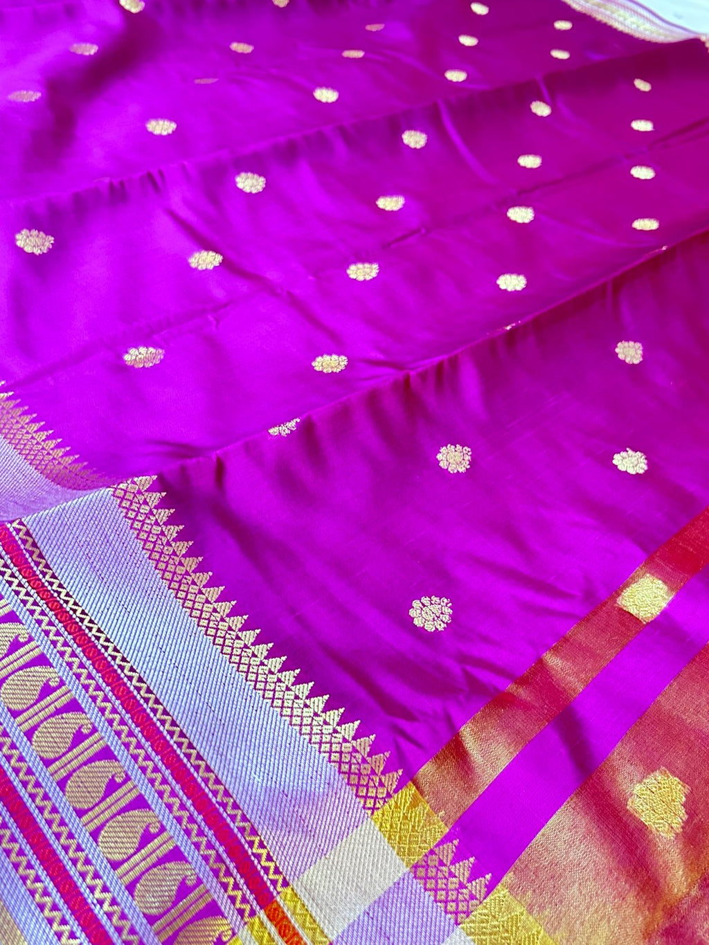Royal Rani Pink Banarasi Katan Silk Saree with Rich Zari Buti & Contrast Gold Pallu