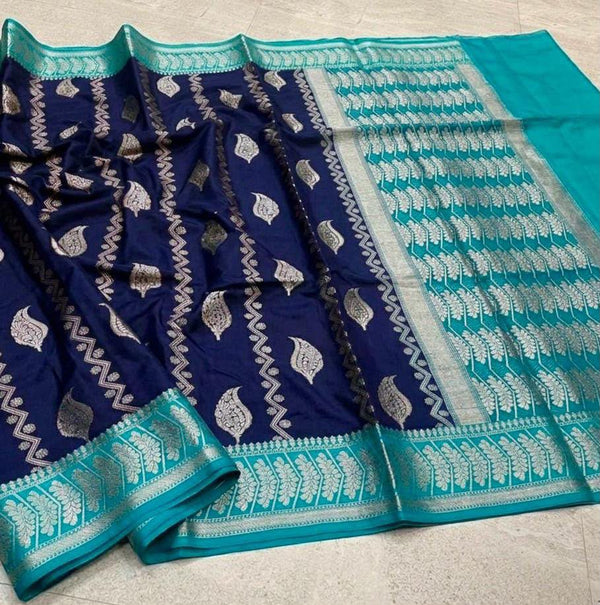 Elegant Navy Blue & Aqua Blue Banarasi Katan Semi Silk Saree | Traditional Woven Party Wear Saree