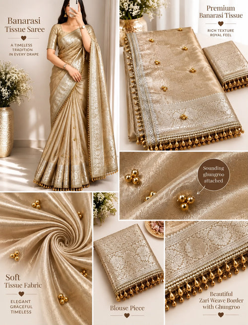 Tussar Banarasi Tissue Saree with Attached Lace & Ghungroo Work