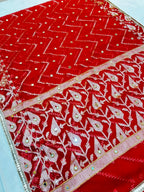 Elegant Red Banarasi Semi Silk Saree with All-Over Mirror Work & Premium Lace Border
