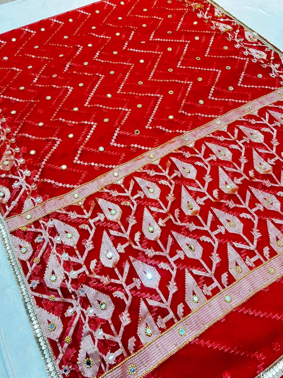 Elegant Red Banarasi Semi Silk Saree with All-Over Mirror Work & Premium Lace Border