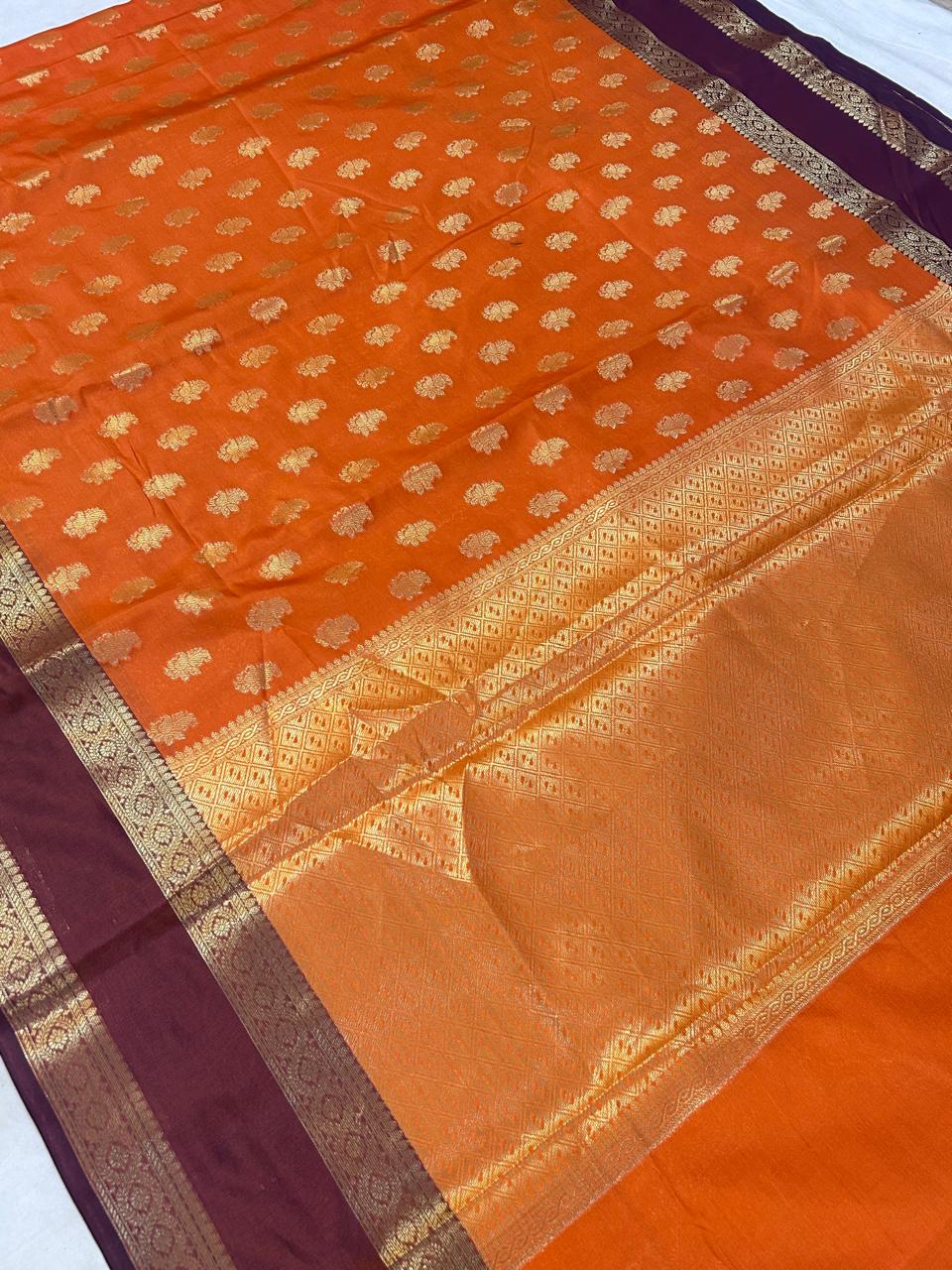 Royal Orange Banarasi Katan Silk Saree with Wine Purple Zari Border