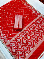 Elegant Red Banarasi Semi Silk Saree with All-Over Mirror Work & Premium Lace Border