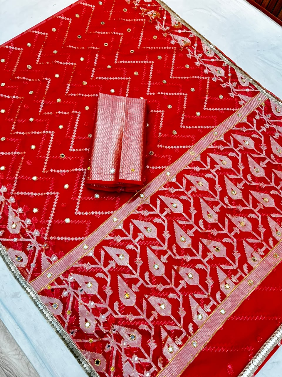 Elegant Red Banarasi Semi Silk Saree with All-Over Mirror Work & Premium Lace Border