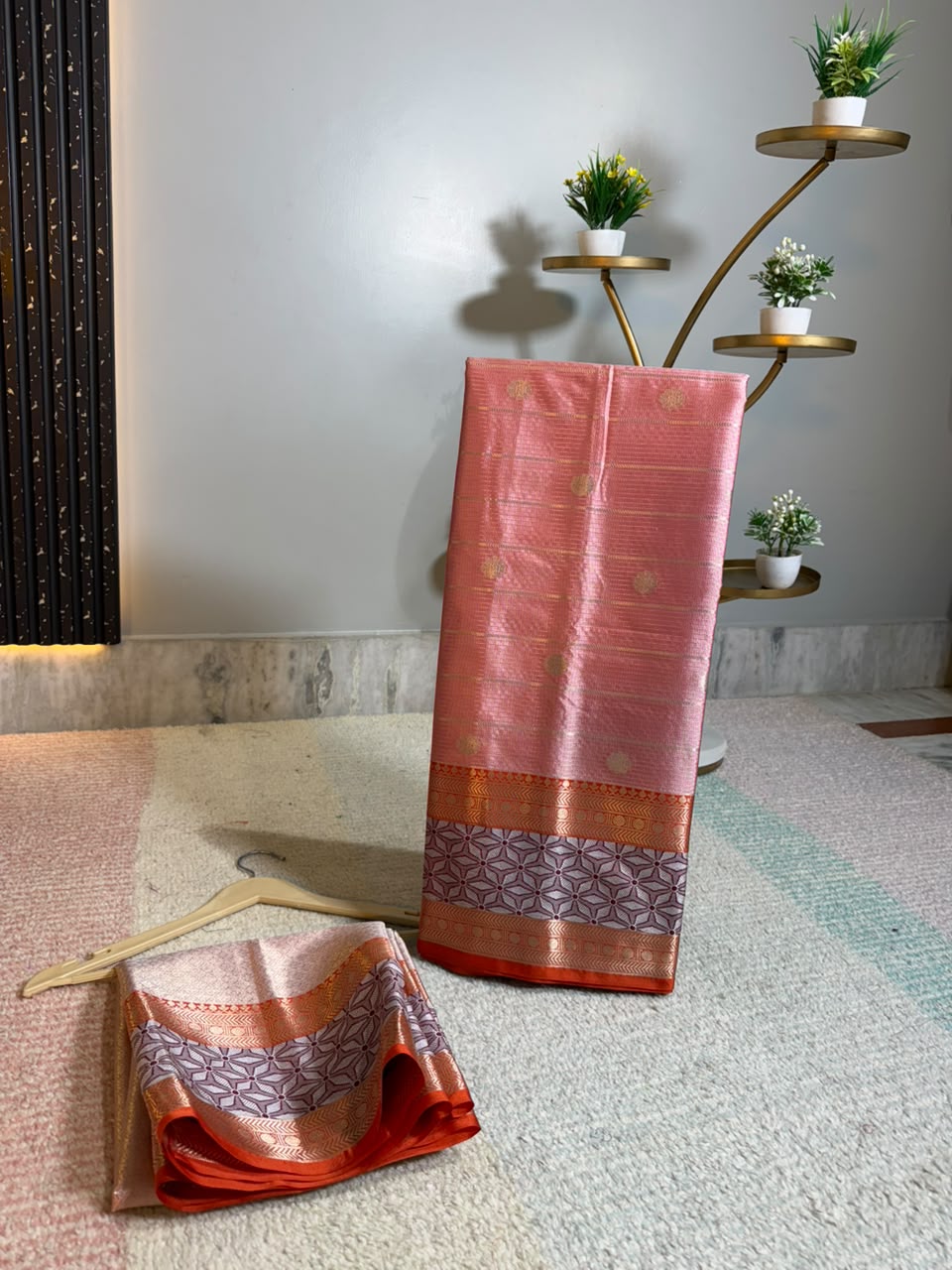 Elegant Peach Banarasi Katan Silk Saree with Copper-Golden Zari & Geometric Border