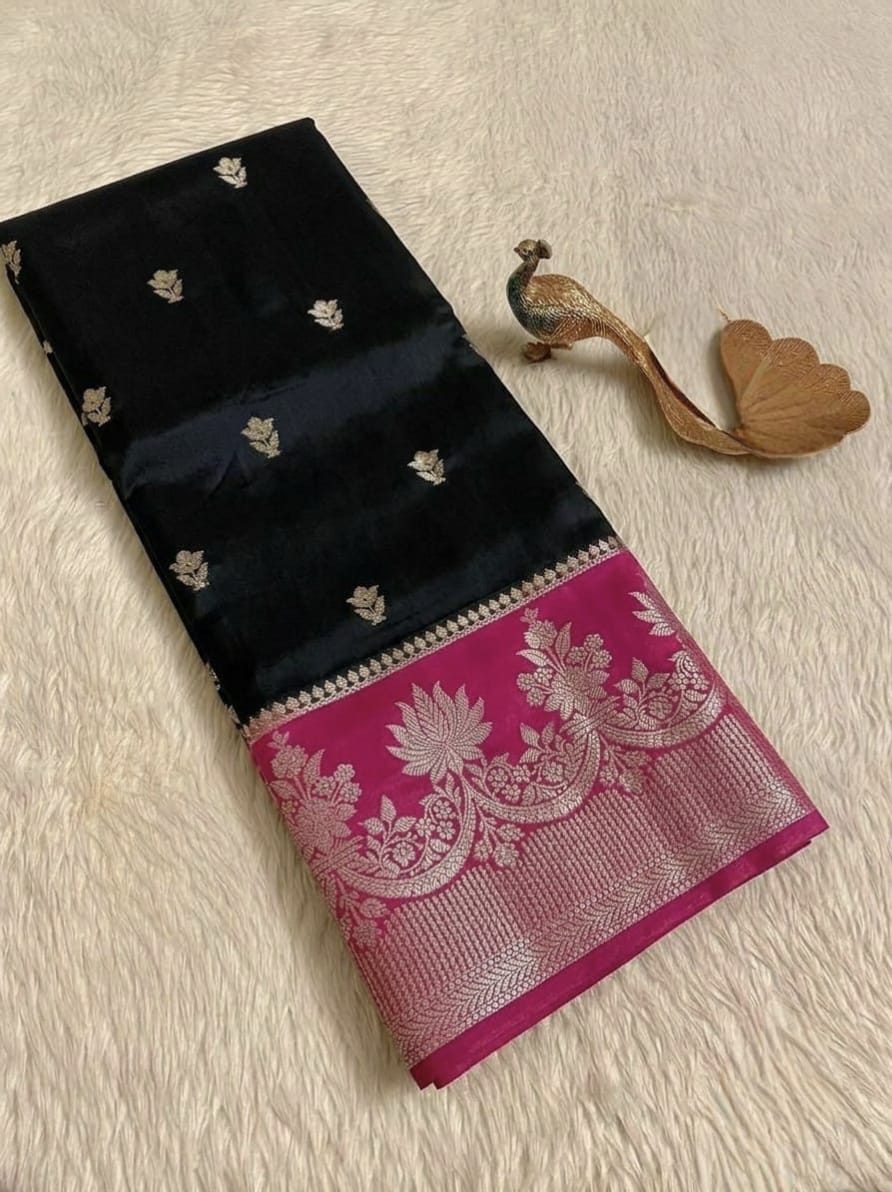 Black & Rani Banarasi Semi Silk Saree with Rich Floral Zari Border