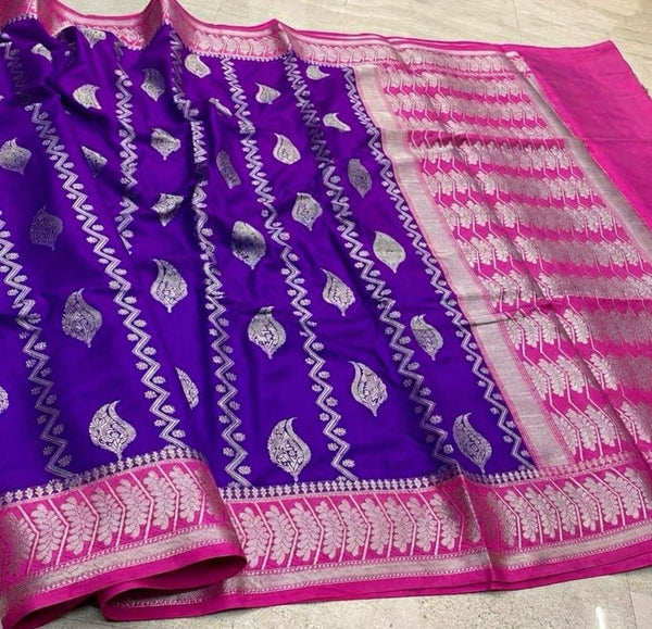 Royal Violet & Rani Pink Banarasi Semi Cotton Silk Saree | Traditional Woven Party Wear Saree