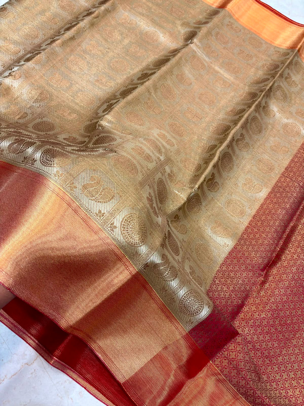 Royal Gold Banarasi Katan Tissue Saree with Copper Zari Border & Rich Woven Pallu