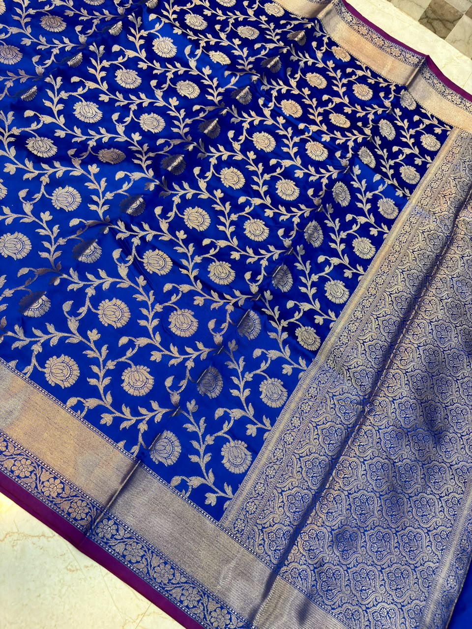 Royal Blue Banarasi Katan Semi Silk Saree with Rich Silver Zari Floral Jaal Weaving