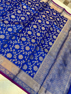 Royal Blue Banarasi Katan Semi Silk Saree with Rich Silver Zari Floral Jaal Weaving
