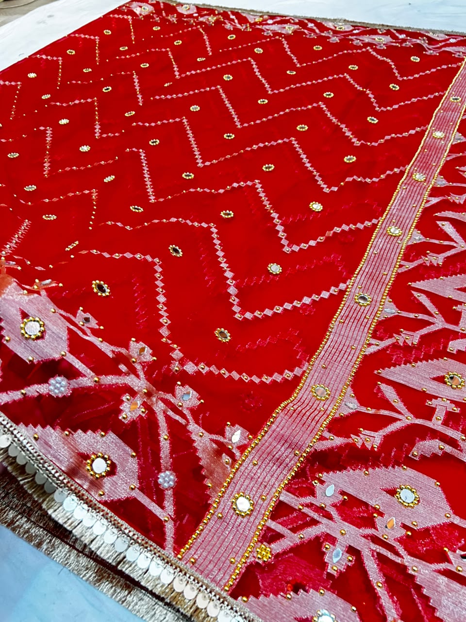 Elegant Red Banarasi Semi Silk Saree with All-Over Mirror Work & Premium Lace Border