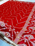 Elegant Red Banarasi Semi Silk Saree with All-Over Mirror Work & Premium Lace Border