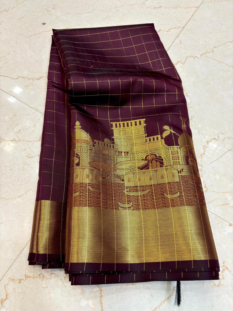 Royal Wine Purple Banarasi Katan Silk Saree | Premium Golden Zari Temple Border | Heritage Design Wedding Saree