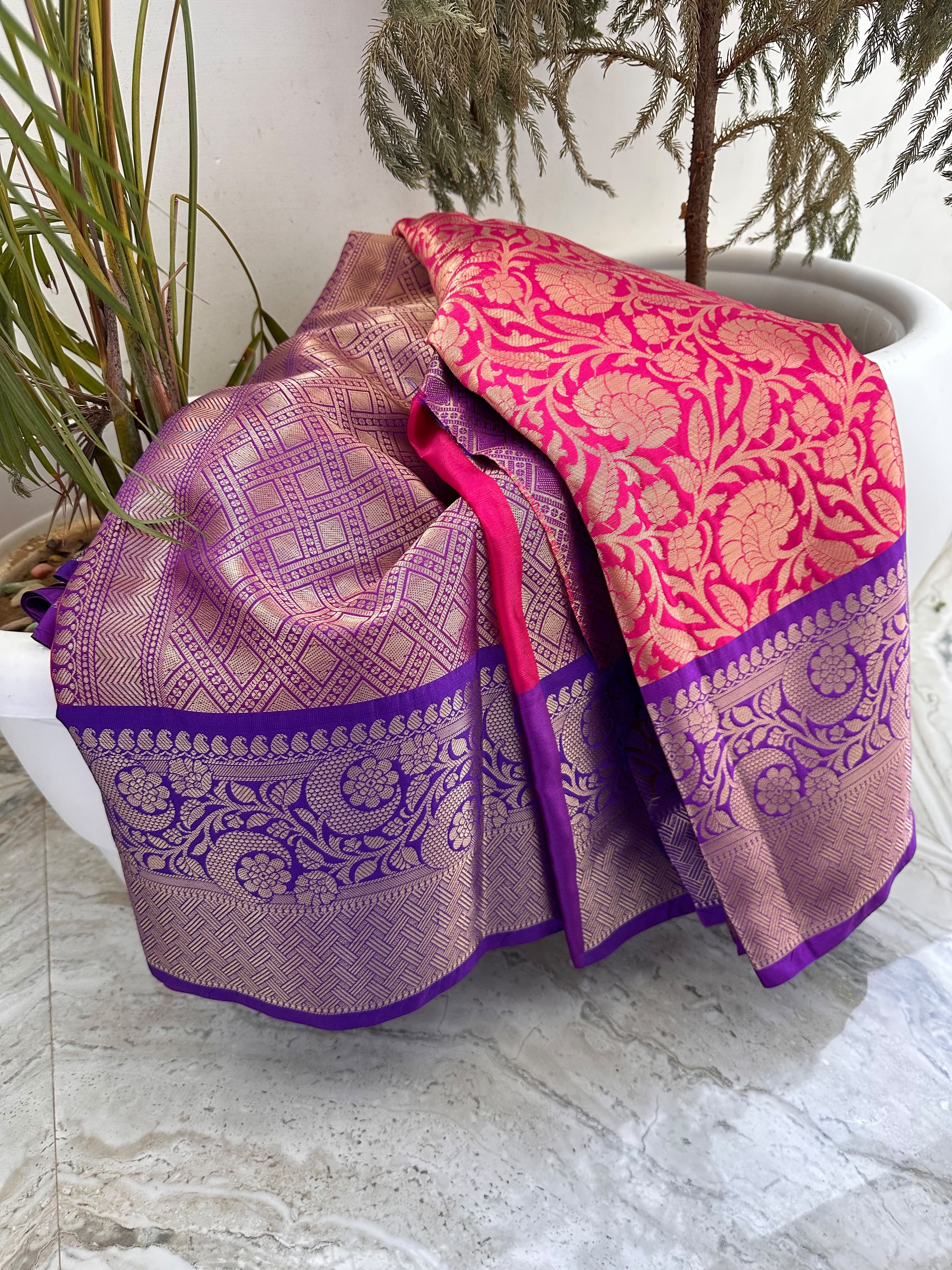 Royal Rani Pink & Purple Banarasi Katan Silk Saree | Premium Woven Zari Floral Design | Wedding & Festive Wear