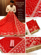 Elegant Red Banarasi Semi Silk Saree with All-Over Mirror Work & Premium Lace Border