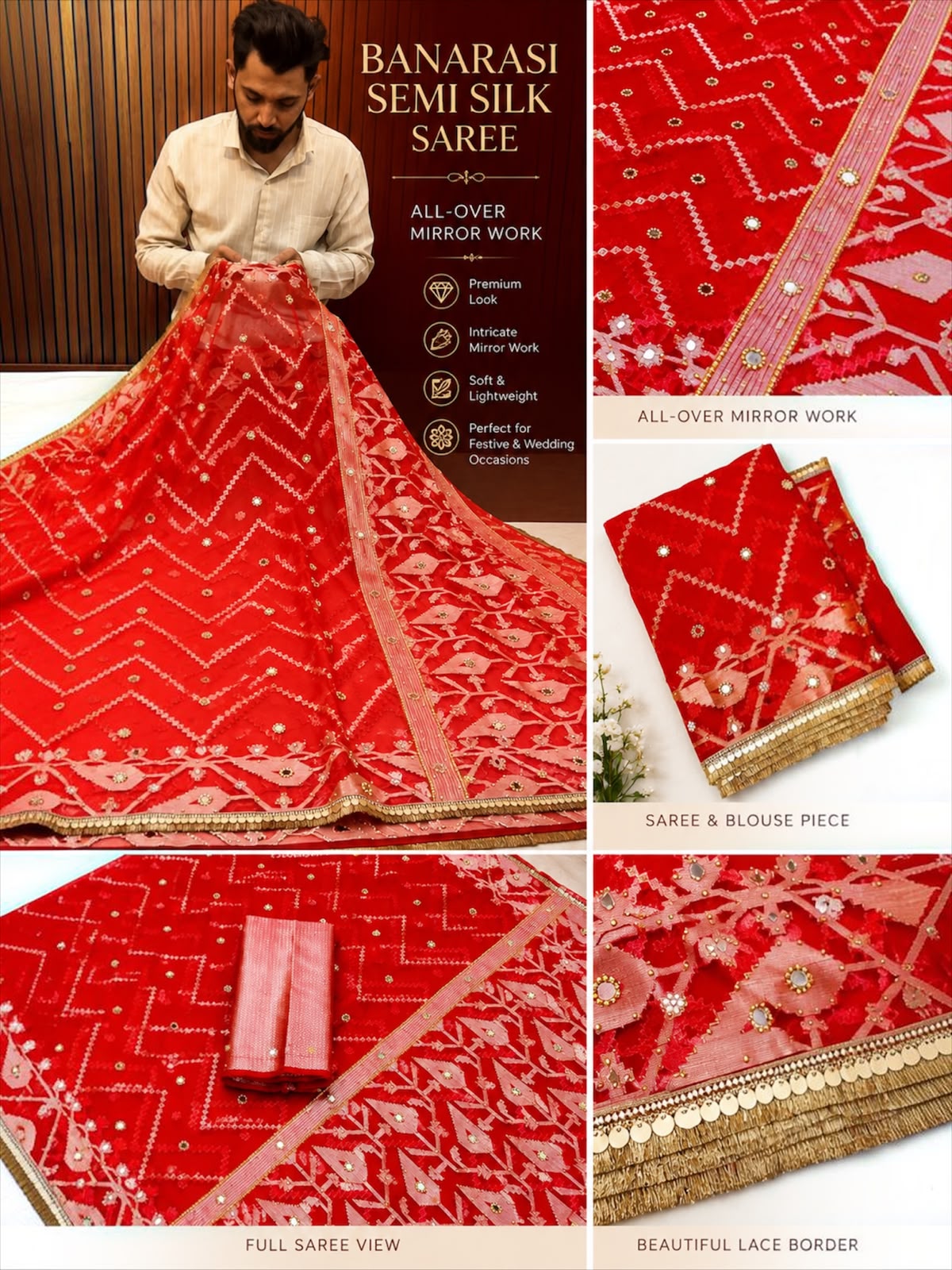 Elegant Red Banarasi Semi Silk Saree with All-Over Mirror Work & Premium Lace Border