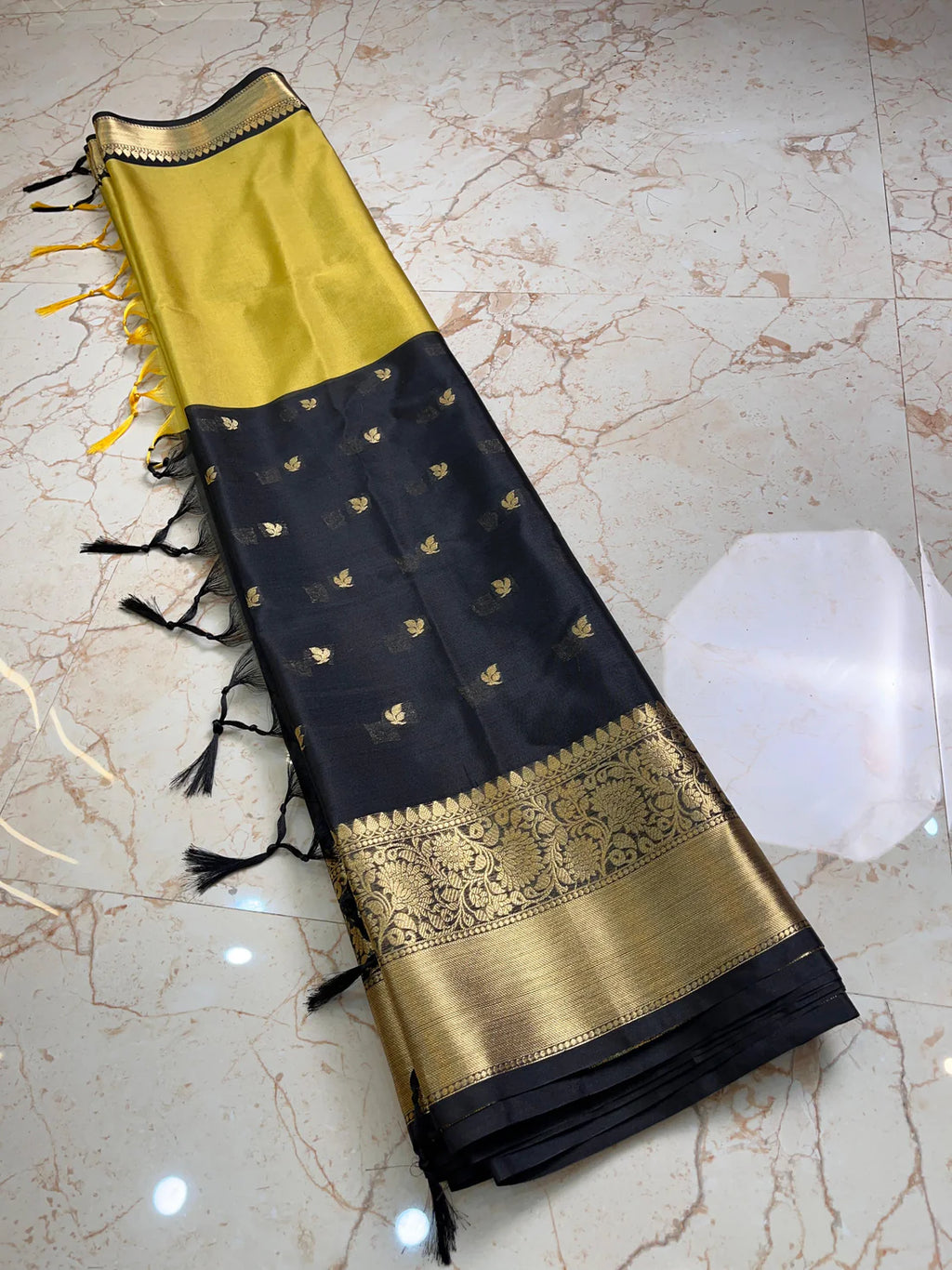 THE ELEGANT BLACK & MUSTARD BANARASI KATAN SILK SAREE