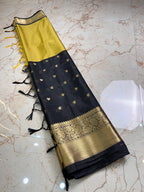 THE ELEGANT BLACK & MUSTARD BANARASI KATAN SILK SAREE