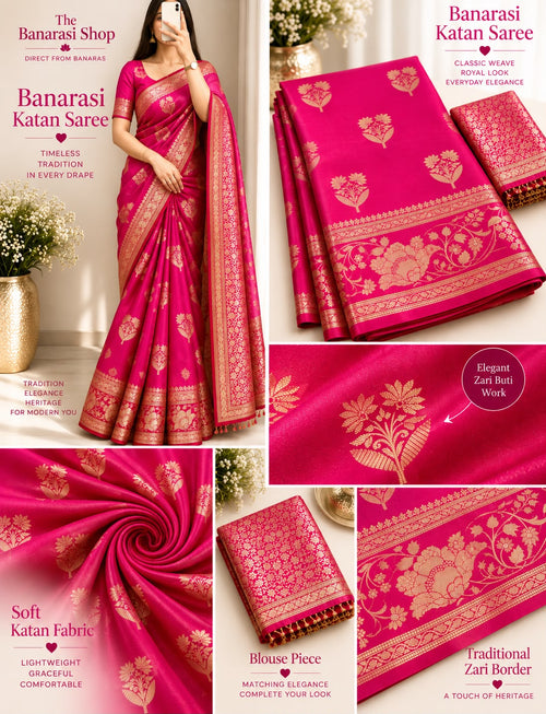 Elegant Rani Pink Banarasi Katan Saree with Rich Zari Border
