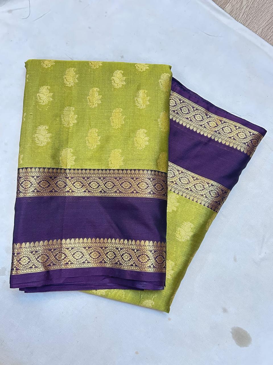 Royal Parrot Green Banarasi Katan Silk Saree with Purple Zari Border