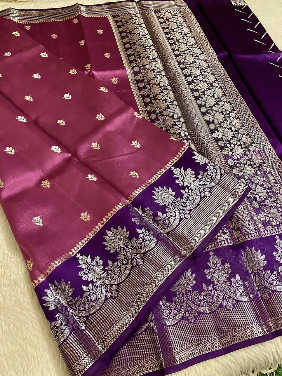 Royal Wine Banarasi Semi Silk Saree with Rich Floral Zari Border